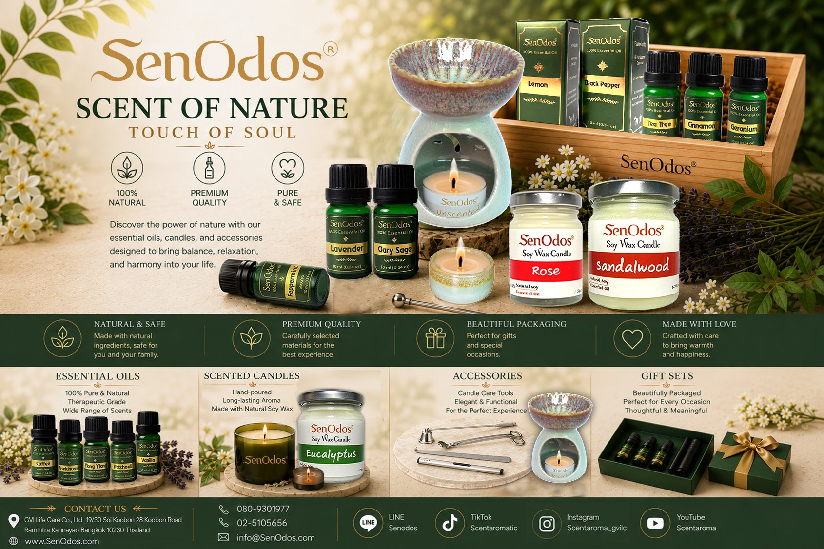 SenOdos® – Scent of Nature, Touch of Soul. Premium essential oils, soy wax candles, accessories and gift sets from GVI Life Care Co., Ltd, Bangkok Thailand.